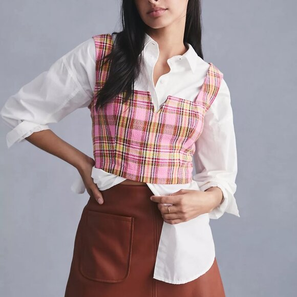 NWT Anthropologie Maeve Structured Plaid Corset Crop Top in Pink Combo - Size 8 - Picture 3 of 10